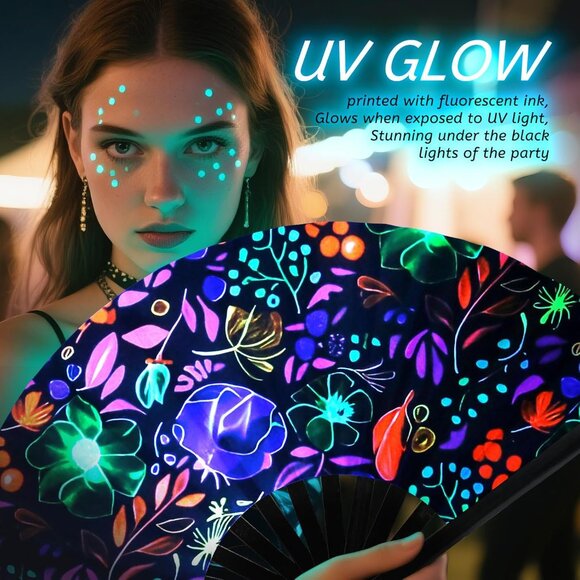 Large Folding Hand Fan, UV Glow Fan for Rave, Festival Folding Hand Fan for Wome - Picture 7 of 7